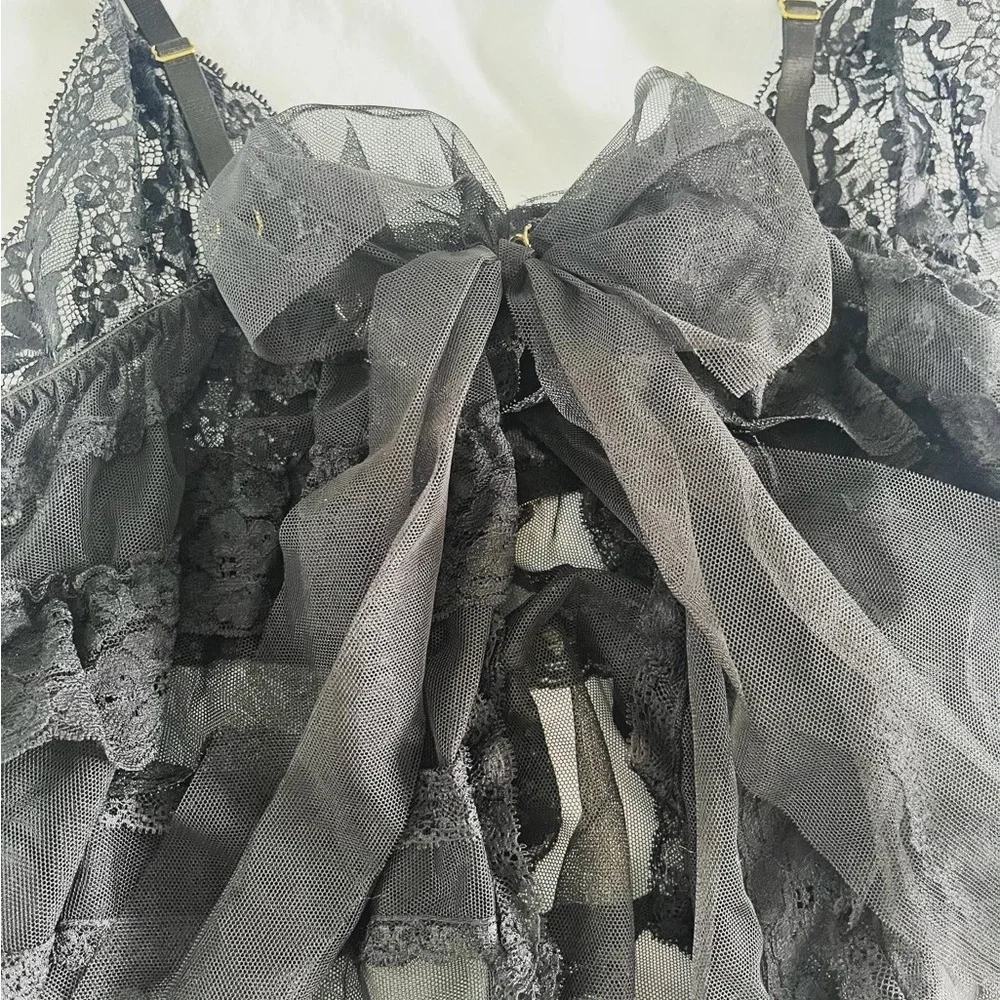 Victoria’s Secret Large Black Lace Baby Doll Lingerie Tank Open Back Bow - Picture 3 of 4